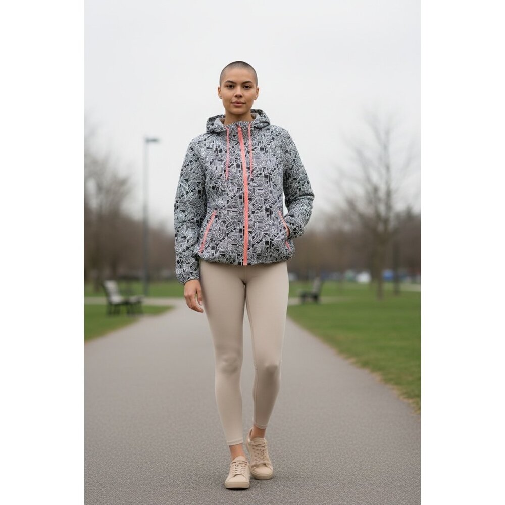 Vintage‎ Bongo Y2K Geometric Windbreaker Jacket Hooded Zip-Up Black & White Pink